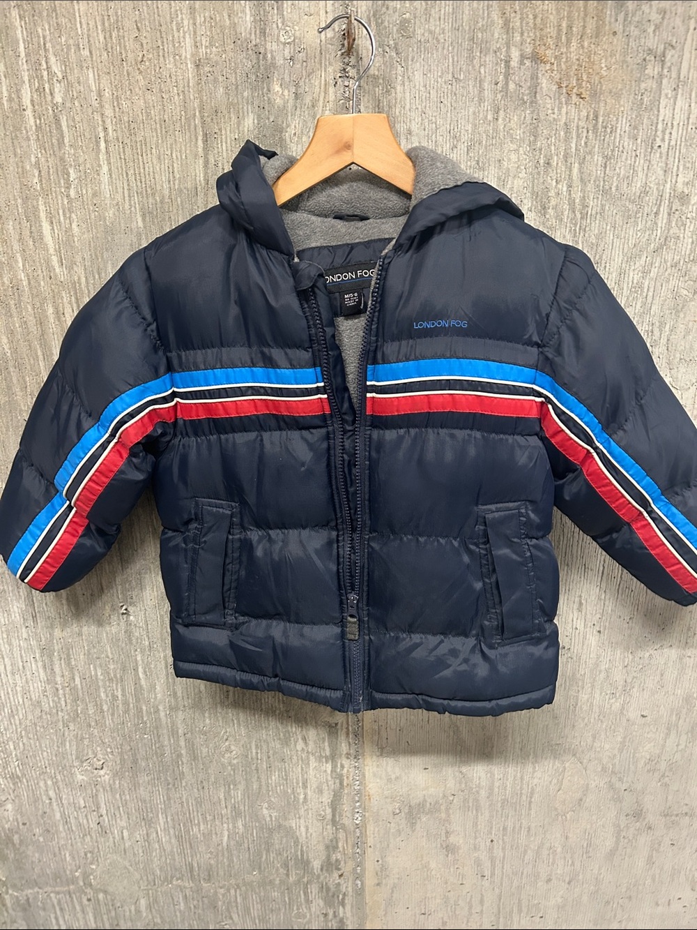 London Fog Navy Puffer Hooded Jacket with Red and Blue Stripe Accents M/5-6